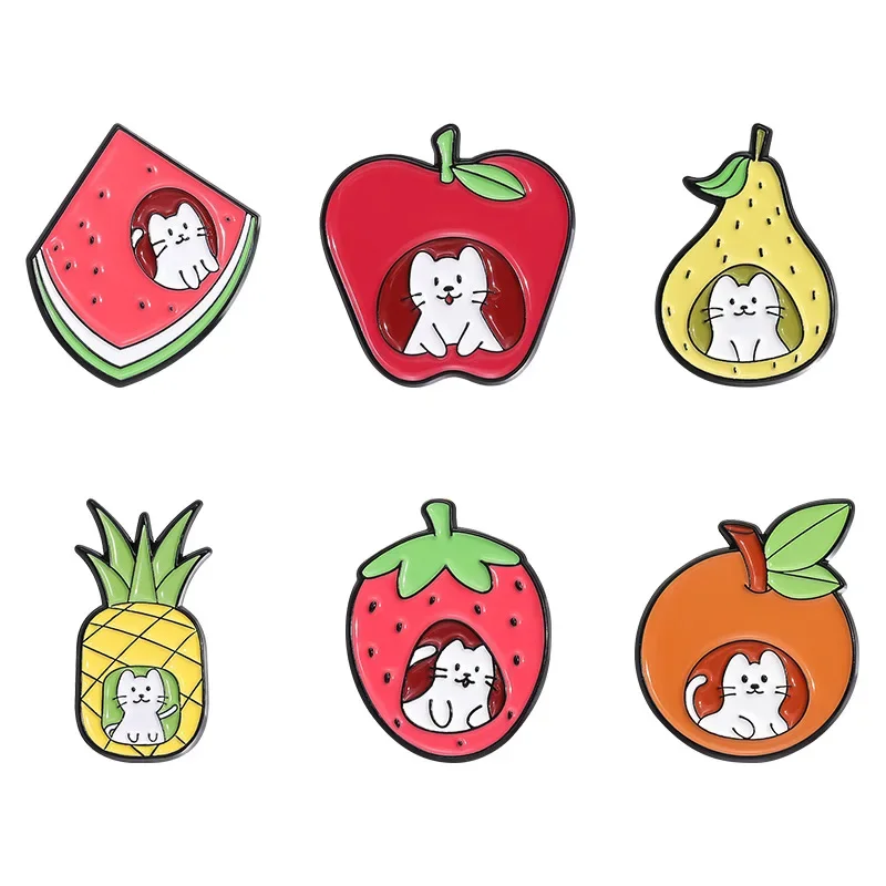 Cartoon Cat Strawberry Pineapple Fruit Alloy Brooch Fashionable Versatile Scarf Accessory Buckle Badges Metal Backpack Badge