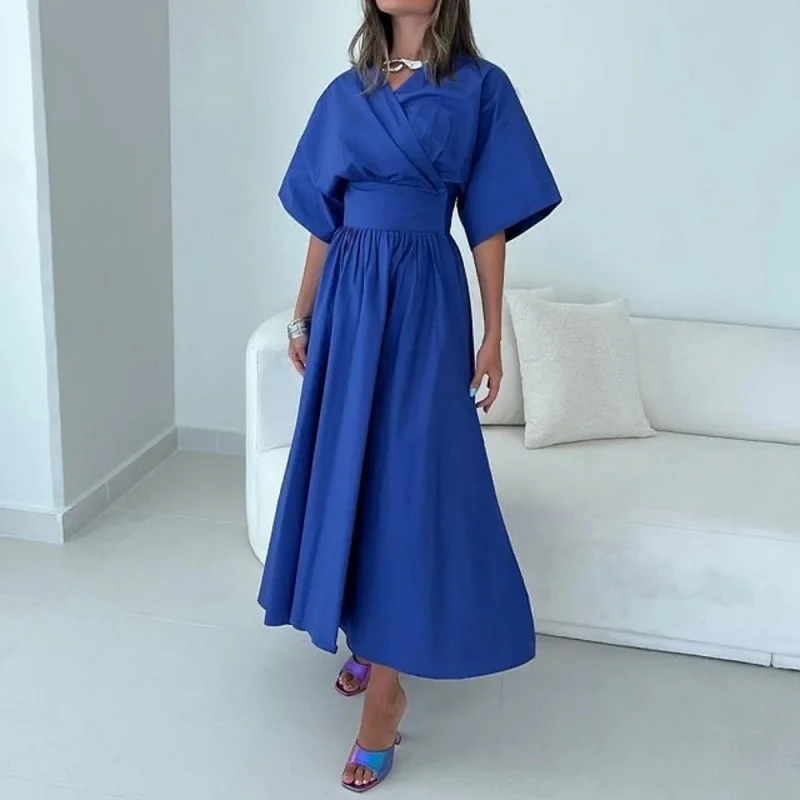 

Ladies Elegant A-Line V-Neck Beautifully Pleated Evening Dress Satin Short Sleeve Ankle-Length Ball Gown