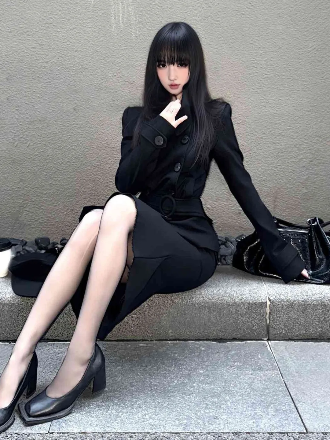 Hebenv Style Rich Girl Double Row Button Woolen Coat Korean High Waist Version Long Sleeve Regular Thickness Pure Color Winte...