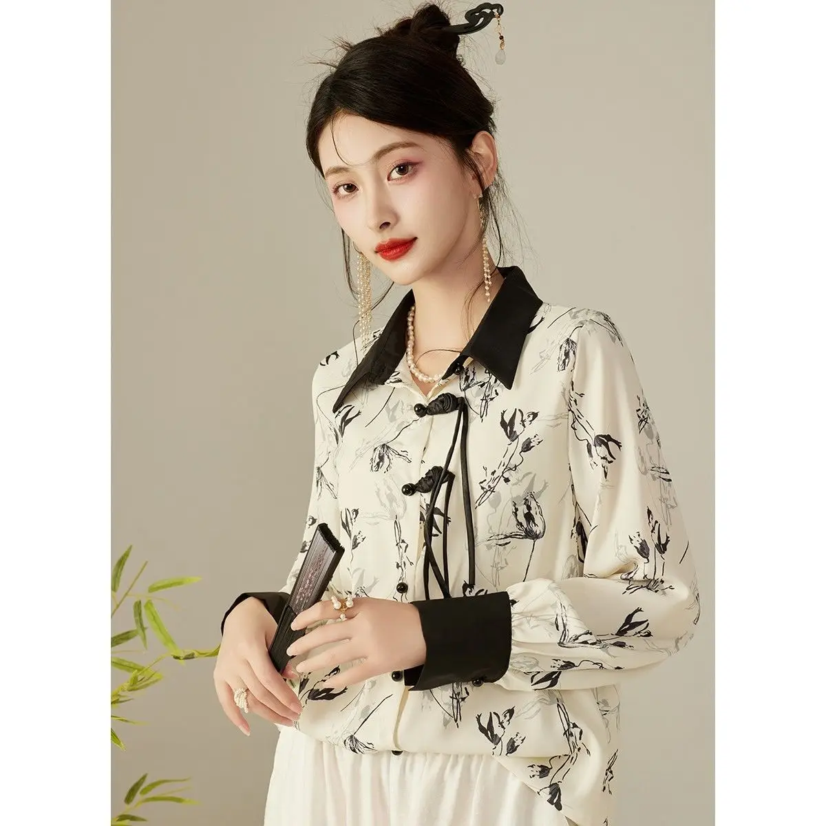 Woman Clothes Top Chinese Style Floral Printing Loose All-match Fashionable Elegant Comfortable Youth Lively Polo-neck Buttons