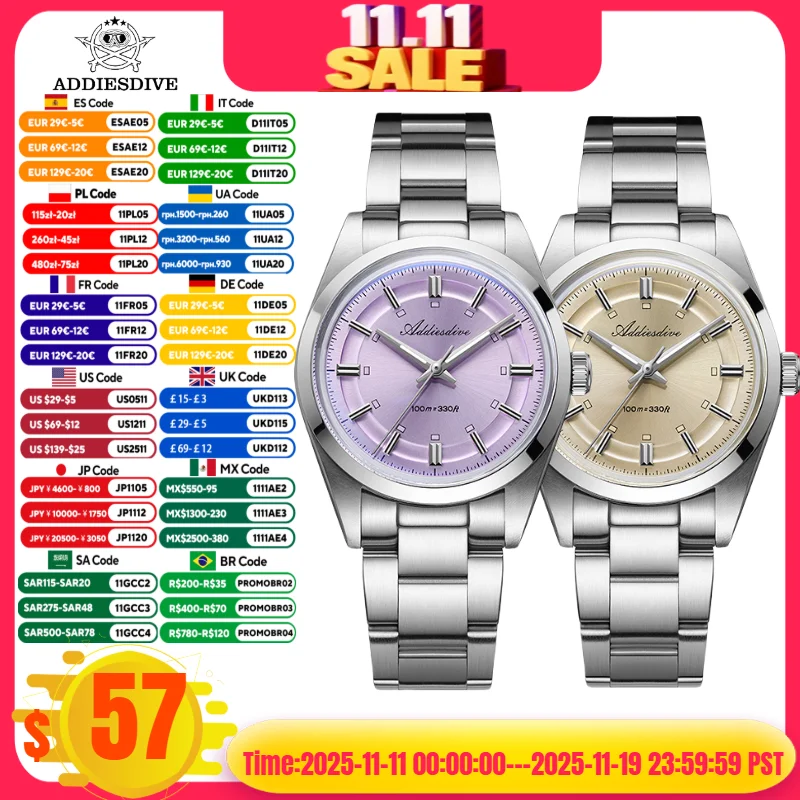 

ADDIESDIVE TOP Sale 36mm Men Watch VH31 10Bar Waterproof BGW9 Super Luminous 316L Stainless Steel Bubble Mirror Glass Quartz Wat