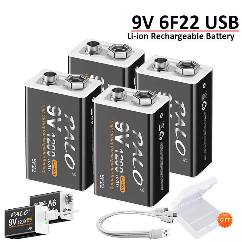 Batería recargable 9V USB 1200mAh 6F22 Tipo-C Batería recargable 9V de iones de litio para helicóptero RC Modelo Micrófono Multimetro Juguete Guitarra KTV