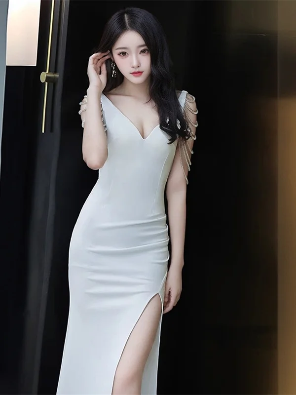 Ele lange asymmetrische fi-staartjurk witte avondjurk voor ceremoniehost sexy polyester stof midden taille rits