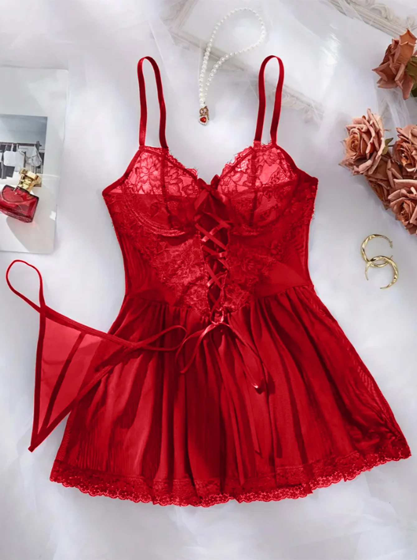 

Sexy Lingerie Scarlet Women’s 3-Piece Lingerie Set – Lace Sheer Robe, Thong & Garter Straps, Lingeries Sexy Hot, Gift for Female