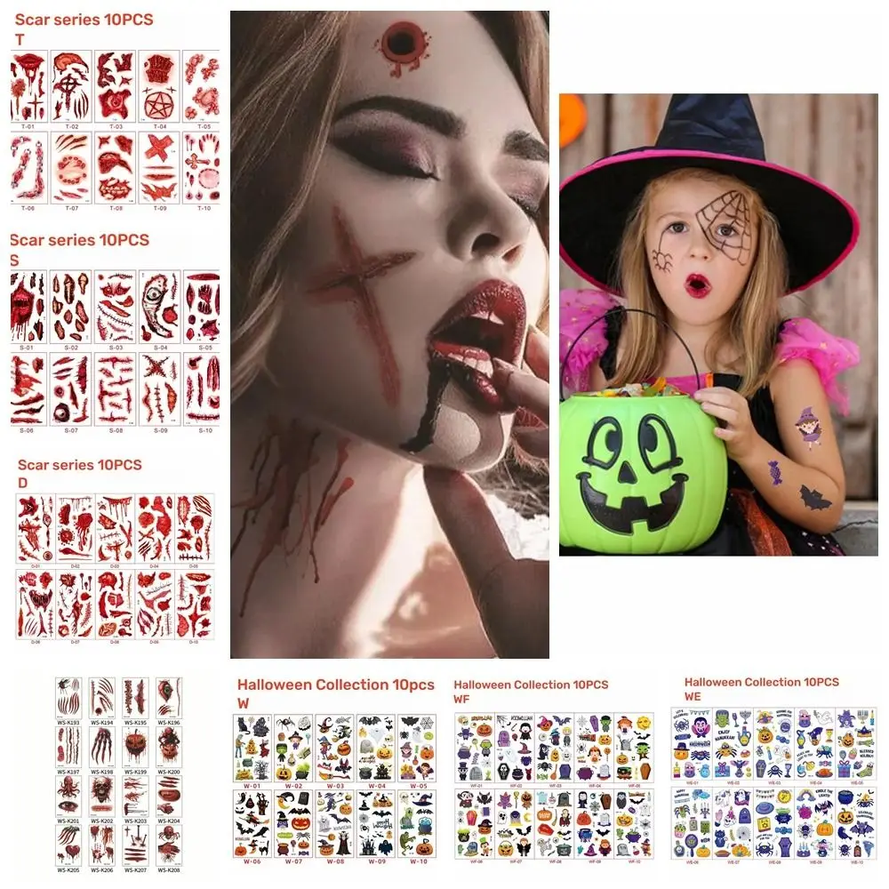 

Bloody Scars Halloween Temporary Tattoos Face Patch Waterproof Tattoo Stickers Spider Scar Lifelike Face Makeup