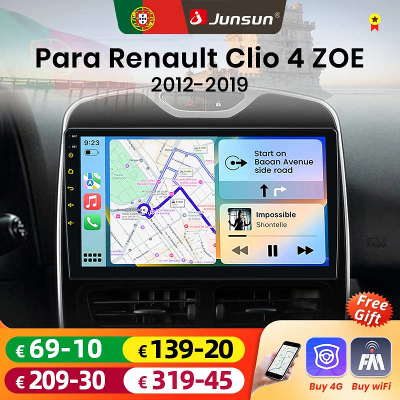 Autoradio Android Junsun 10 pouces pour Renault Clio 4 2012-2019, CarPlay sans fil, navigation GPS, 4G, CAN-BUS, Plug & Play, DSP, BT