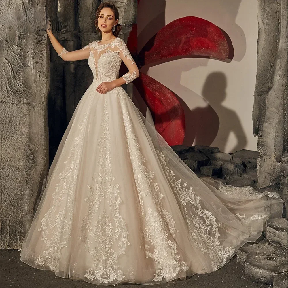 One life 2025 Elegant Round Neck Lace Decal Wedding Dress A-line Long Sleeve Bridal Dress Customized Back with Button