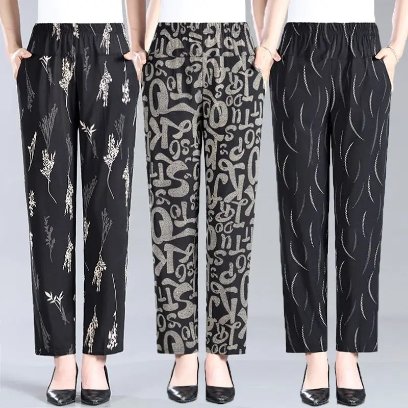 2024 Summer Thin Middle Aged And Elderly Women's Pants High Waist Loose Straight  Pants Grandma Elastic Casual Printed Trousers