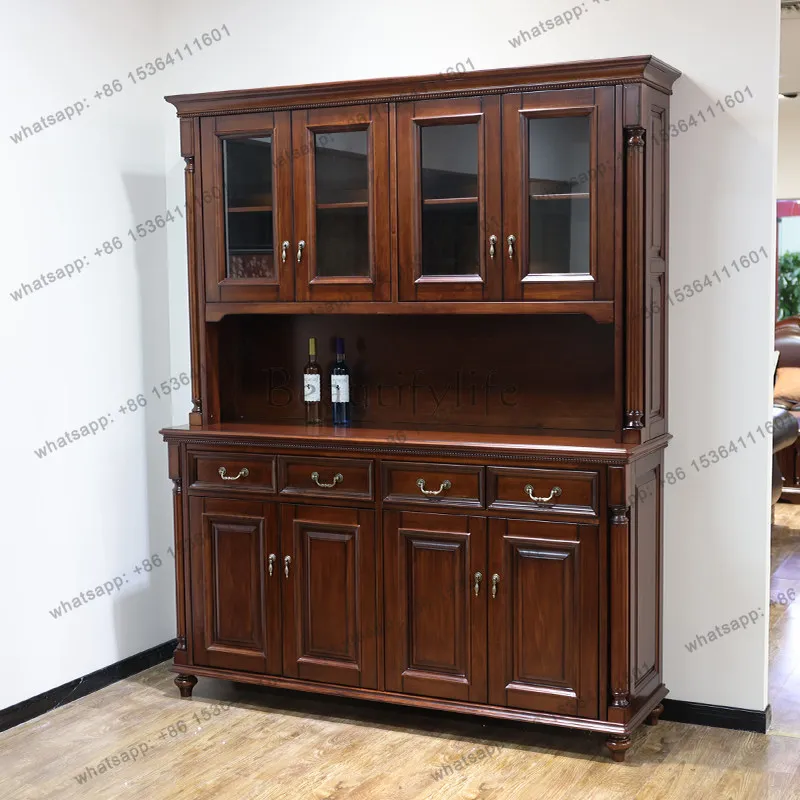 

American furniture dining side cabinet full solid wood storage upper and lower double high cabinet