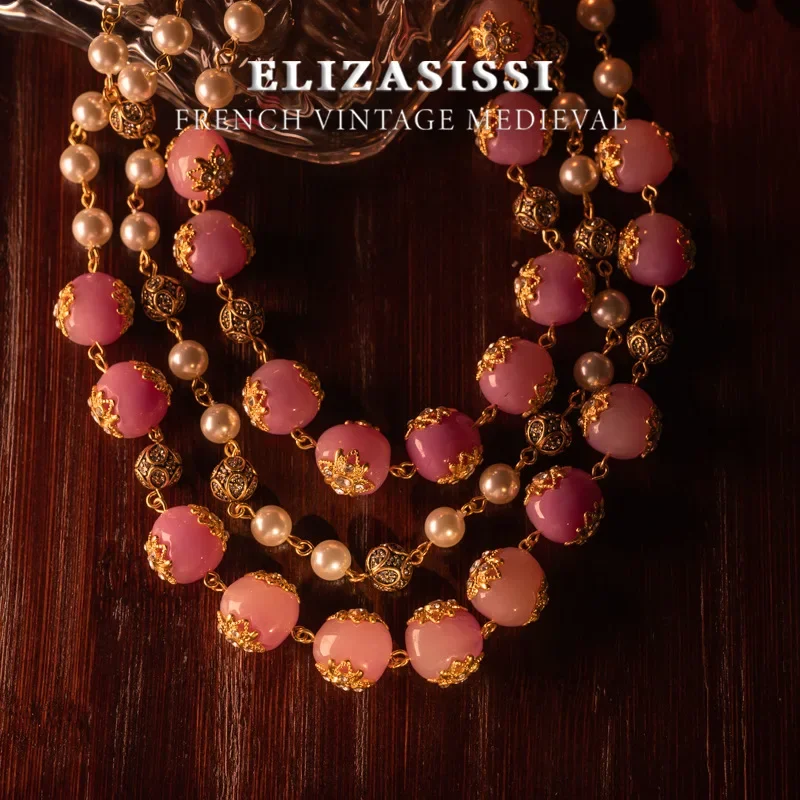 Stacked medieval necklace, jelly glass carving process exquisite noble light pink, three-layer pearl necklace female