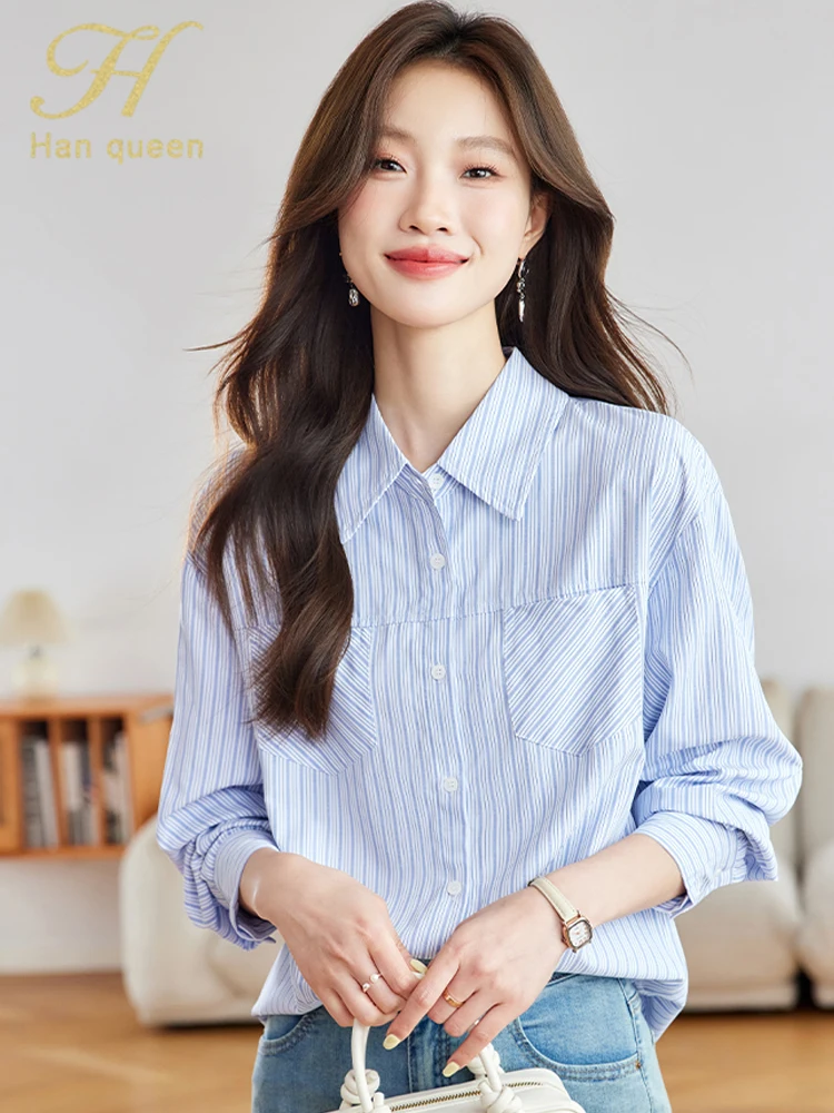 

H Han Queen Autumn Stripe Women's Clothing Loose Loose Casual Vintage Office Long Sleeve Top Elegant Shirt Simple Basic Blouses
