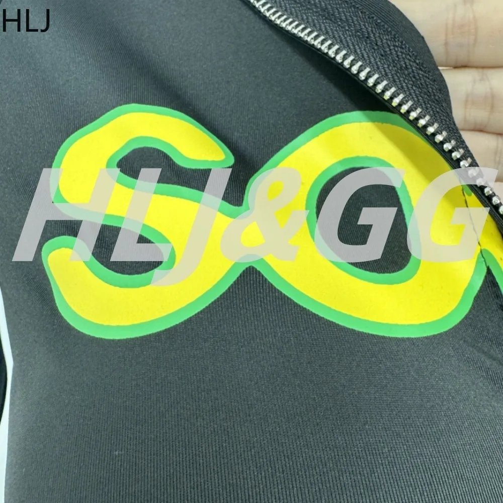 HLJ Autumn New Fashion Letter Print 2 Pieces Set for Woman  Zip Short Sleeve Crop Tops + Legging Matching Female Streetwear 2025