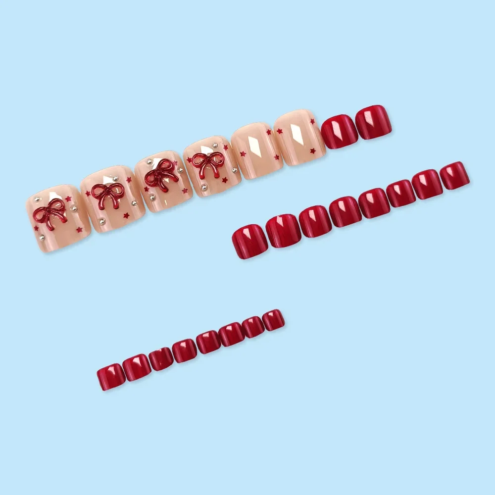 

24pcs Press-On Toenails - Wine Red Bow & Polka Dot Design Short Square Glossy Fake Nails for Bridal Special Occasions Wearing