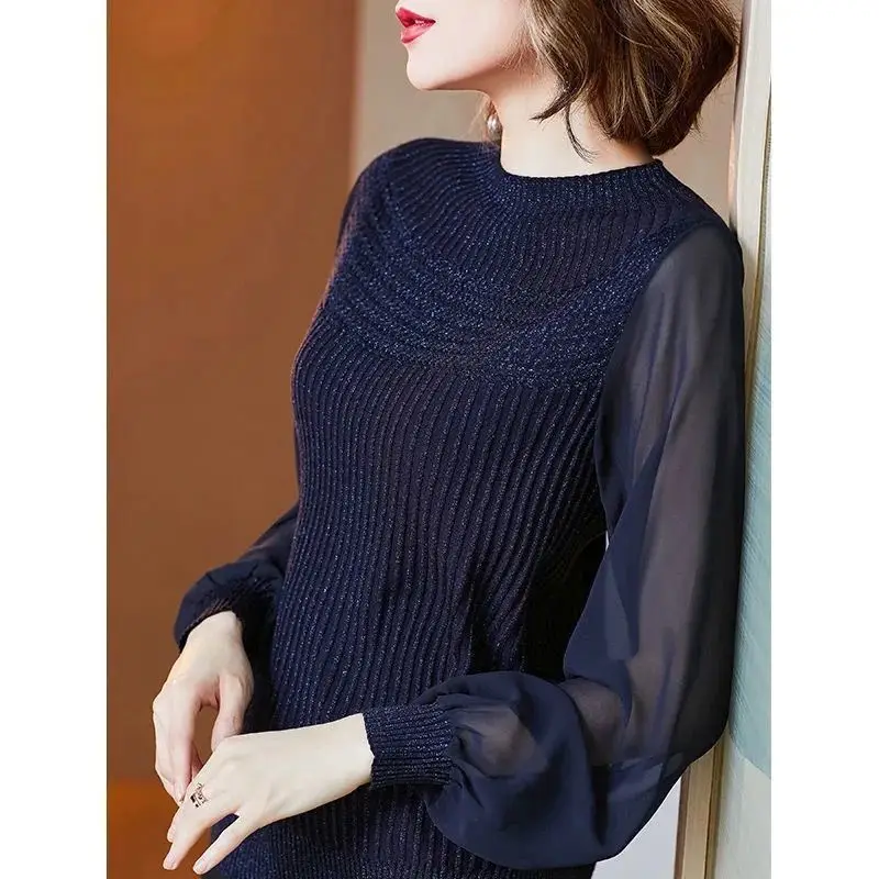 Fashion Elegant Commute Women\'s Half High Collar Knitted Pullovers Spring Female Clothing Solid Color Gauze Long Sleeve Sweaters