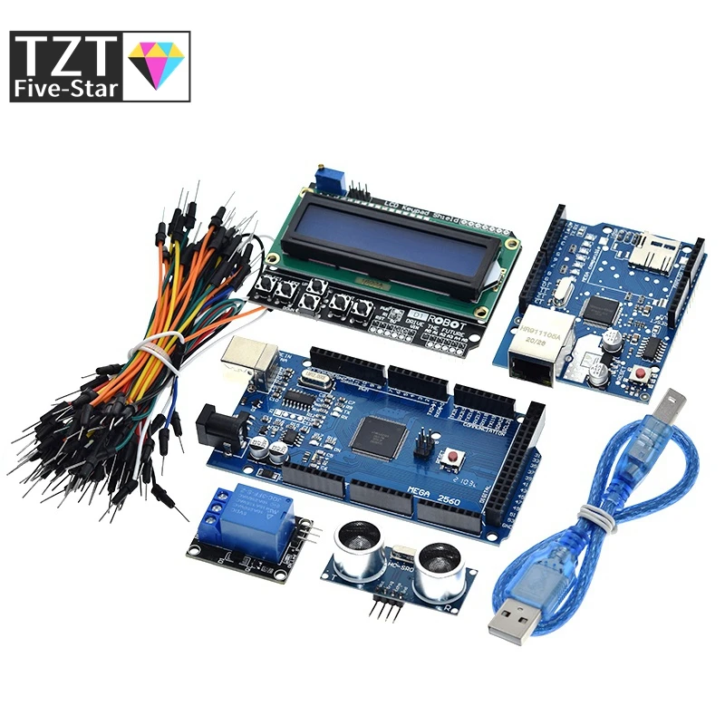 Mega 2560 r3 for arduino kit + HC-SR04 +breadboard cable + relay module+ W5100 UNO shield + LCD 1602 Keypad shield