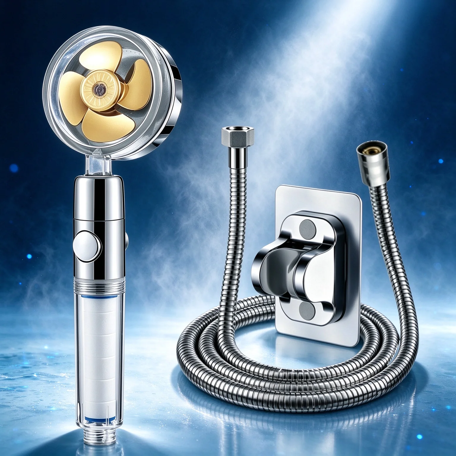 Pressurized Propeller Fan Shower Head Water Saving 360 Rotating High Pressure with 1.5M Hose and Stand Bathroom Set