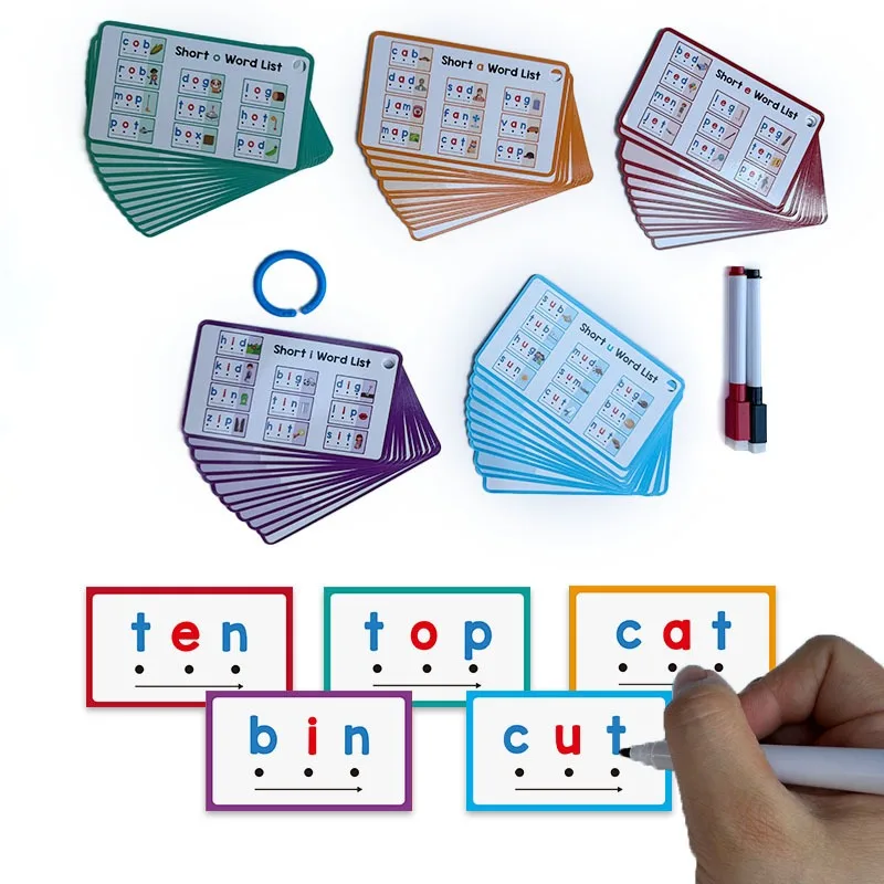 

60 Sheets Double-sided CVC Word Recognition Cards Visual Word Handwriting Cards Short Vowel Spelling Flashcards Educational Toy