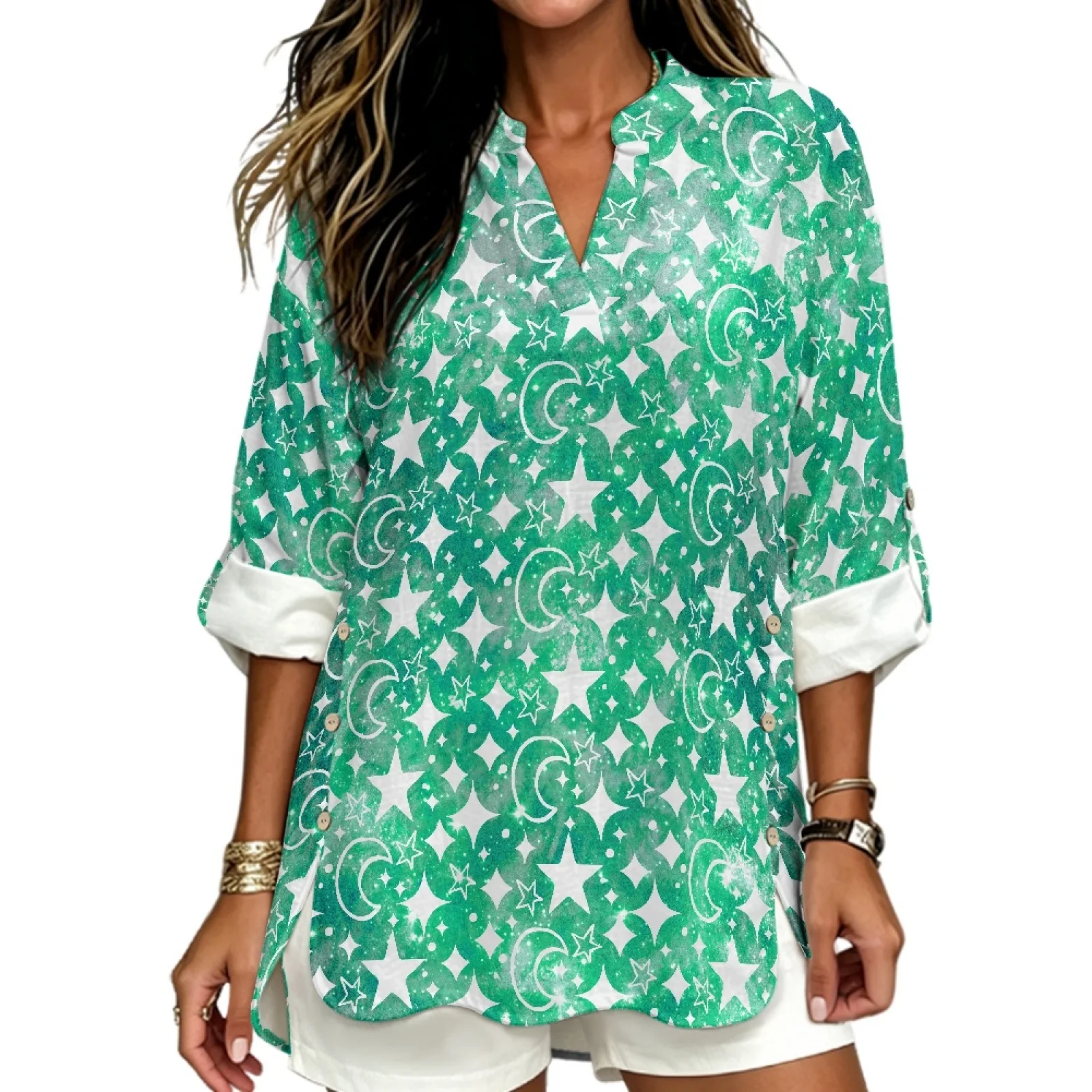 PENSTROLL Stars Moon Trendy Women's Long Sleeve Shirts for Ladies Linen Like Long Sleeve Tops for Women Tunic Tops for Women