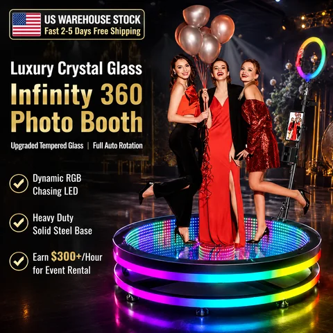 360 Glass Photo Booth Machine For Wedding Party Spin Photobooth For Camera App Remote Control RGB Ring Light Automatic With Case