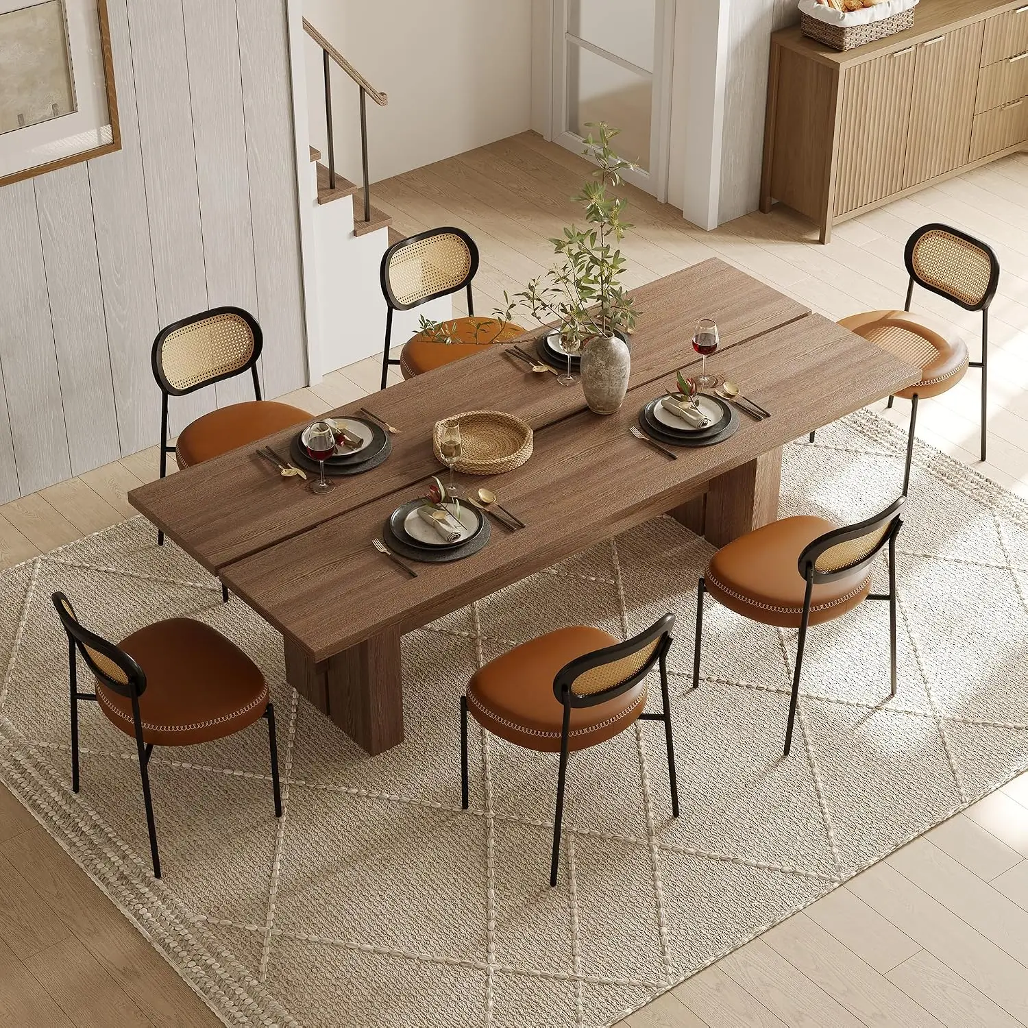 Rattan Dining Chairs Set of 6, Camel Leather Upholstered Dining Chairs with Rattan Cane Back, Mid Century Modern, Customized