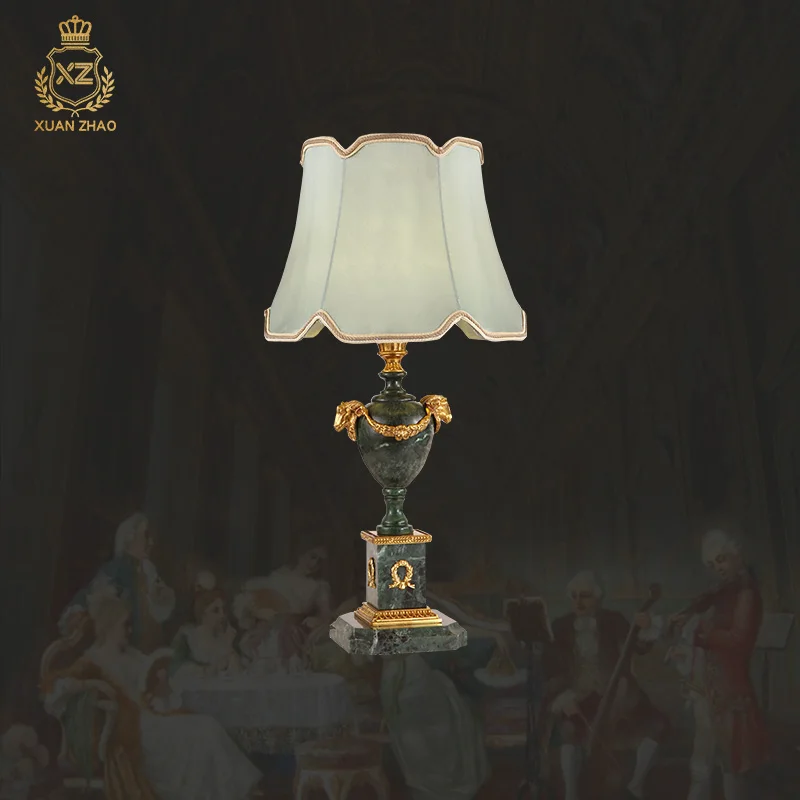 

Настольная лампа в европейском стиле, классическая, из латуни, роскошная, с мраморным основанием и тканевым абажуром, для ресторана, прикроватная, ночная