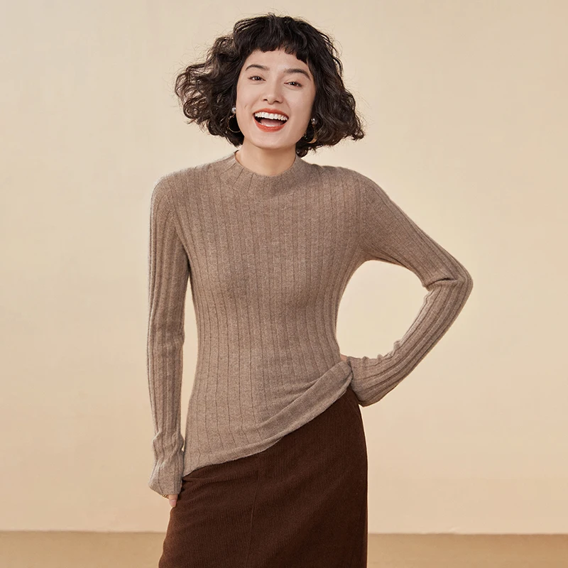 Autumn and winter seamless semi high neck cashmere women's pullover slim fit solid color slimming sweater knitted base sweater