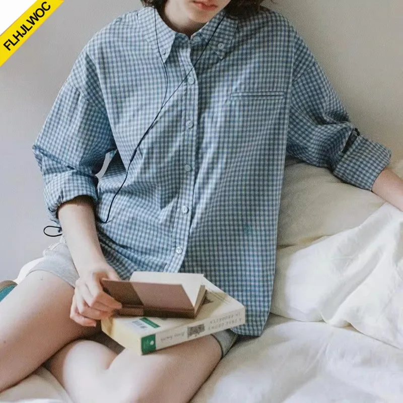 Hot Sales Katoen Blends Tops Blouses Nieuwe 2023 Lente Nieuwjaar Meisjes Preppy Stijl Losse Vriendje Ontwerp Knop Blauwe Geruite Shirts