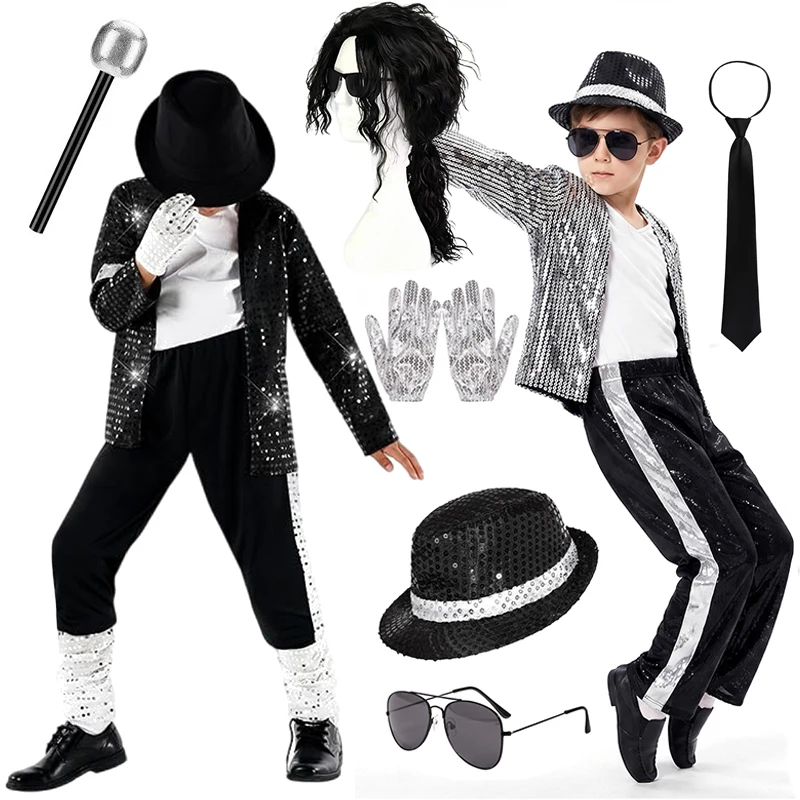 Kids Boys Celebrity Inspired Costume Set Collection Sequin Jackets Pants With Accessories For Carnival Party Dress Up