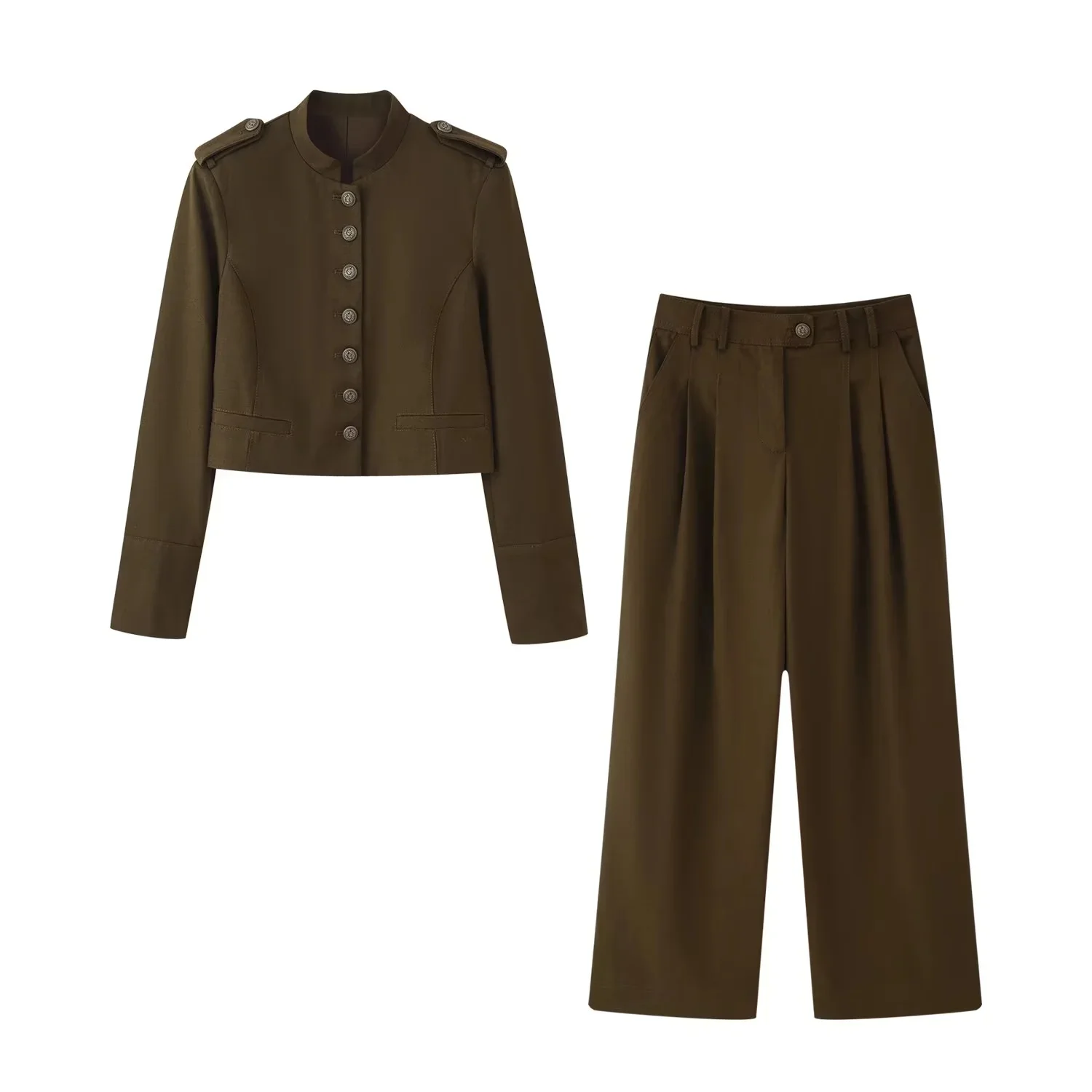 KONDALA Lässiger Vintage-Chic Damen-Blazer-Anzug mit O-Ausschnitt, einreihiger Blazer, lange, lockere Hose, Mode 2026 Herbst-Büroanzug – Detail 3