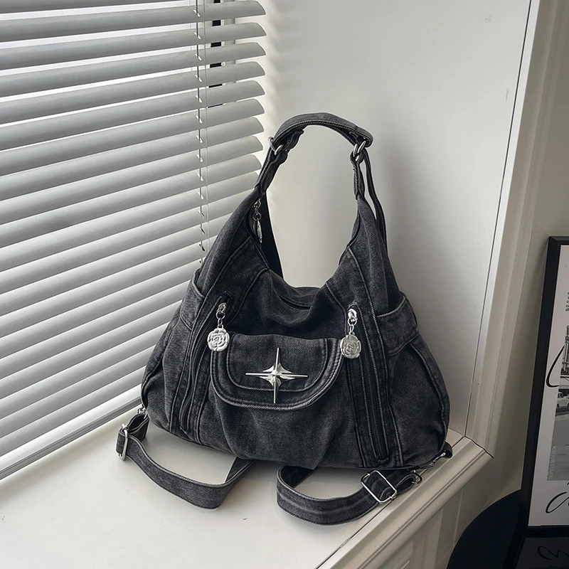 Grunge Washed Denim Hobo Bag Women Star Hardware Decor Large Crossbody Shoulder Bag Y2K Streetwear Daily Handbag