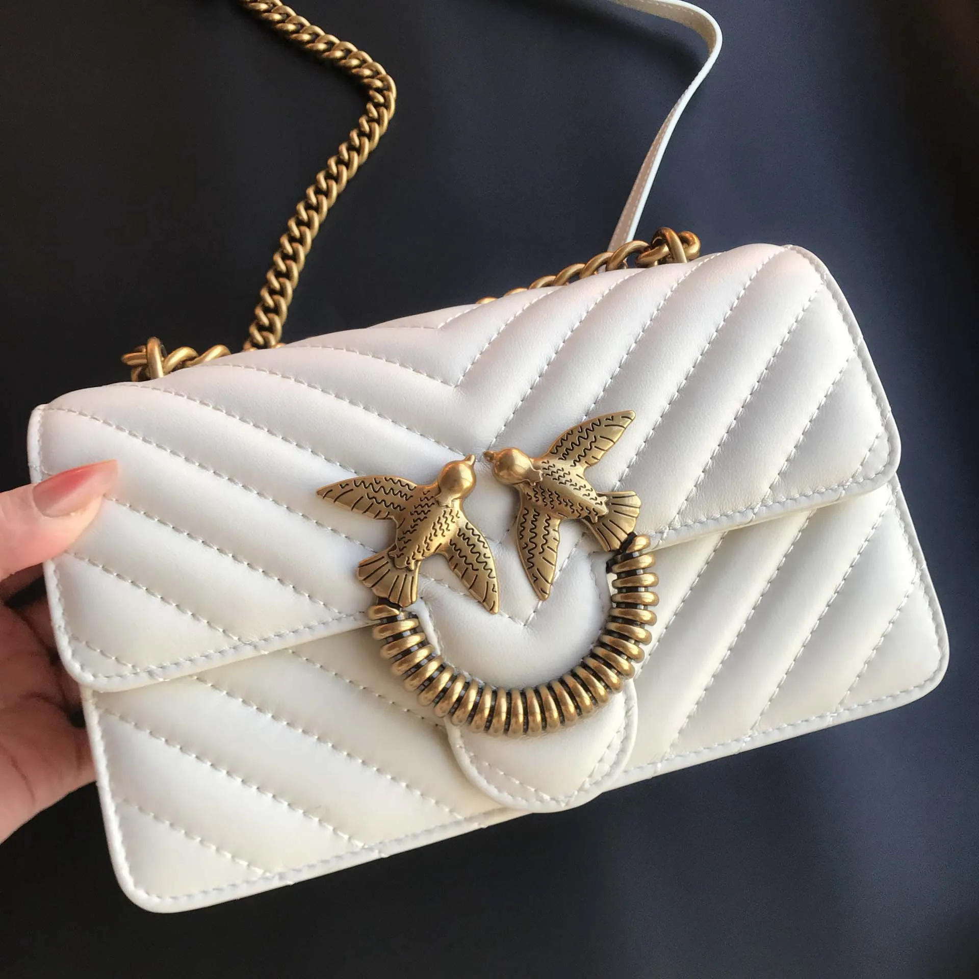 Pinko‑Style Swallow Bag, V‑Pattern Lambskin Genuine Leather Chain Strap Women Shoulder Crossbody Bag