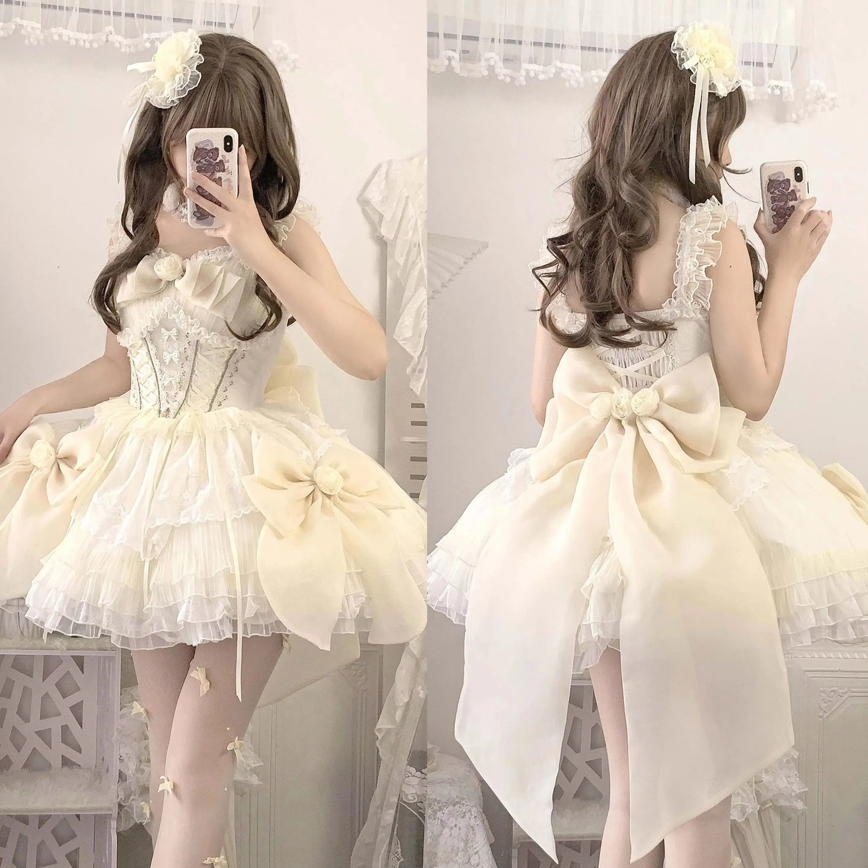 Dophee Original ผู้หญิงชุดแต่งงานดอกไม้ Elegant ลูกไม้เย็บแขนกุดชุดกระโปรง Lolita วันเกิดชุดสั้น