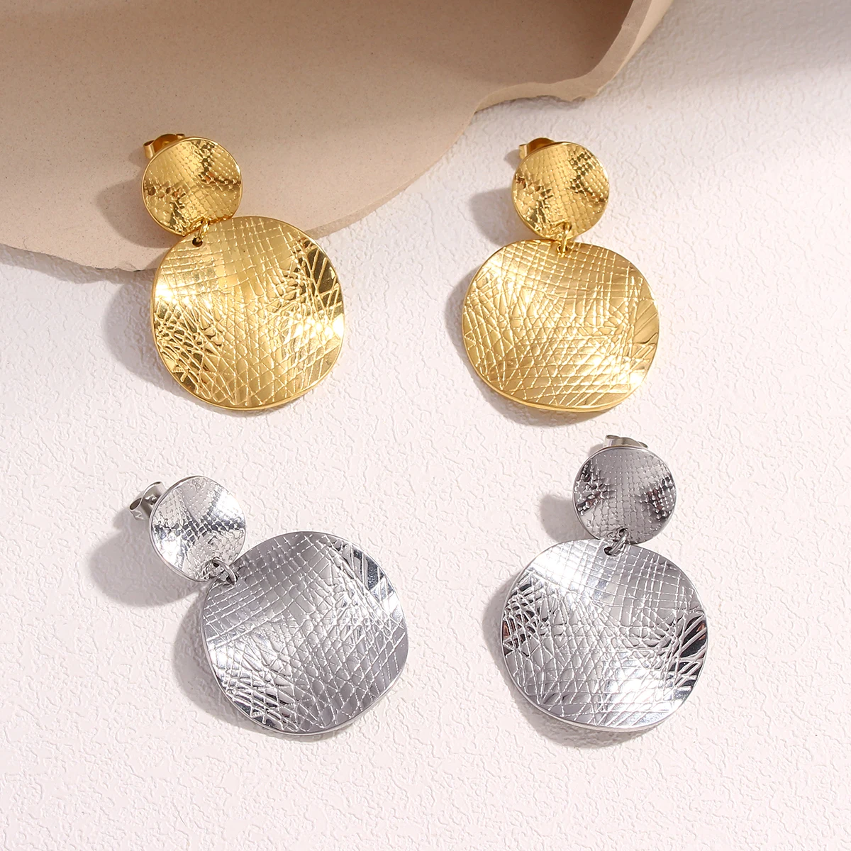 أقراط متدلية طويلة معدنية دائرية مزدوجة للنساء ، فولاذ مقاوم للصدأ ، نسيج غير منتظم ، قلادة هندسية ، هدايا مجوهرات ، عصرية #2