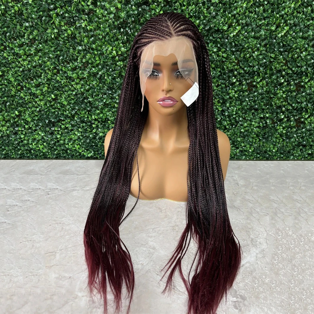 Dark Burgundy Synthetic Braided Wig Lace Frontal Braids Wig 26 Inch Cornrow Lace Wigs 99J Win Red Color Wig for Women Daily Use