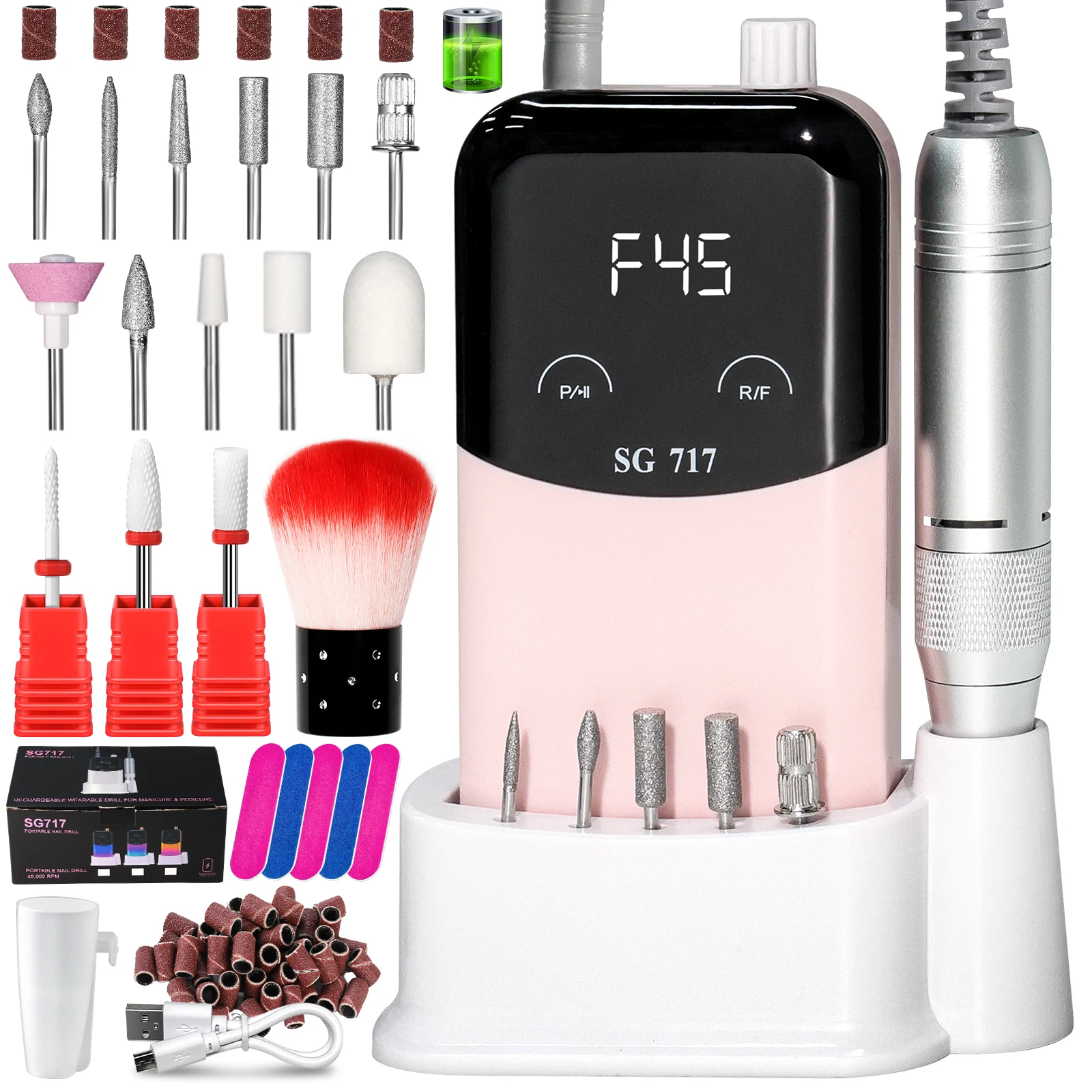 45000RPM Professional Electric Nail Drill Rechargeable Nail Polisher With Nail Dust Cleaning Brush Nail Art Salon Tools