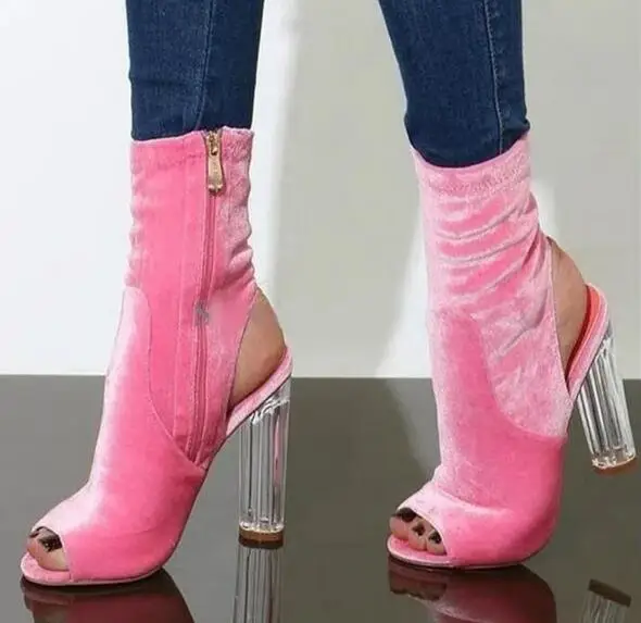 Hot Girls Pink Velvet Peep Toe Crystal Transparent Round Heels Slingback Zipper Side Ankle Boots Women High Heel Short Booties