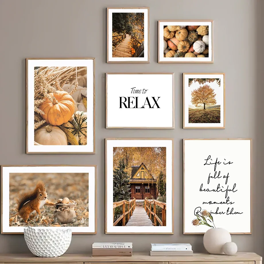 Autumn Harvest  Squirrel Canvas Wall Art  Fall Pumpkin Nordic Print for Living Room Decor