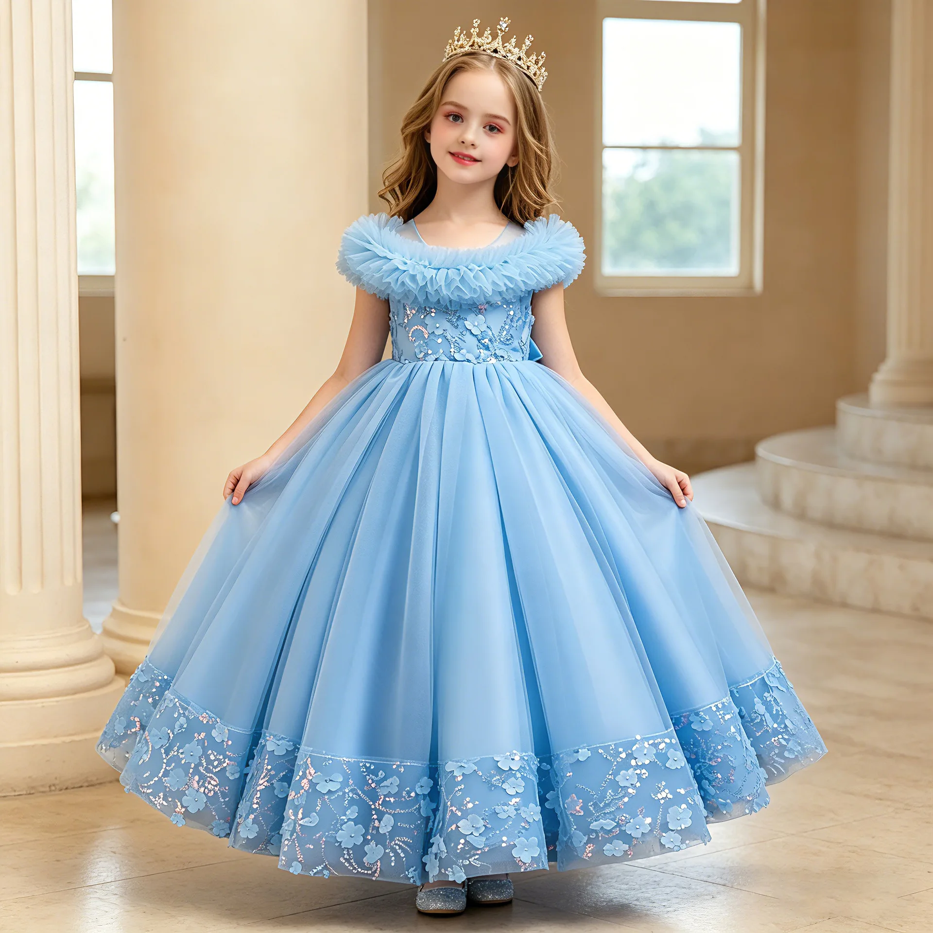 Teen Girls Floral Sequin Tulle Gown Off Shoulder Princess Dress Elegant Wedding Birthday First Communion Dresses For Girls 4-14Y