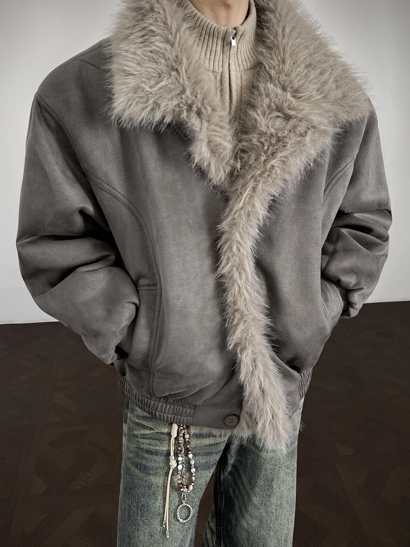 

Thiened Winter Cotton Jaet for Men with Large Fur Collar Stand Collar Suede Warm Windproof New Sle Winter Outerwear