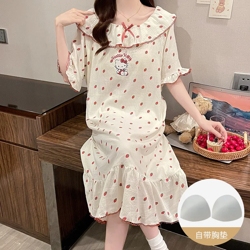 

Hot Night Skirt Hello Kitty Night Skirt Long Sleeves Stripe Pajamas Female Autumn Loose Style Home Clothing Night Skirt