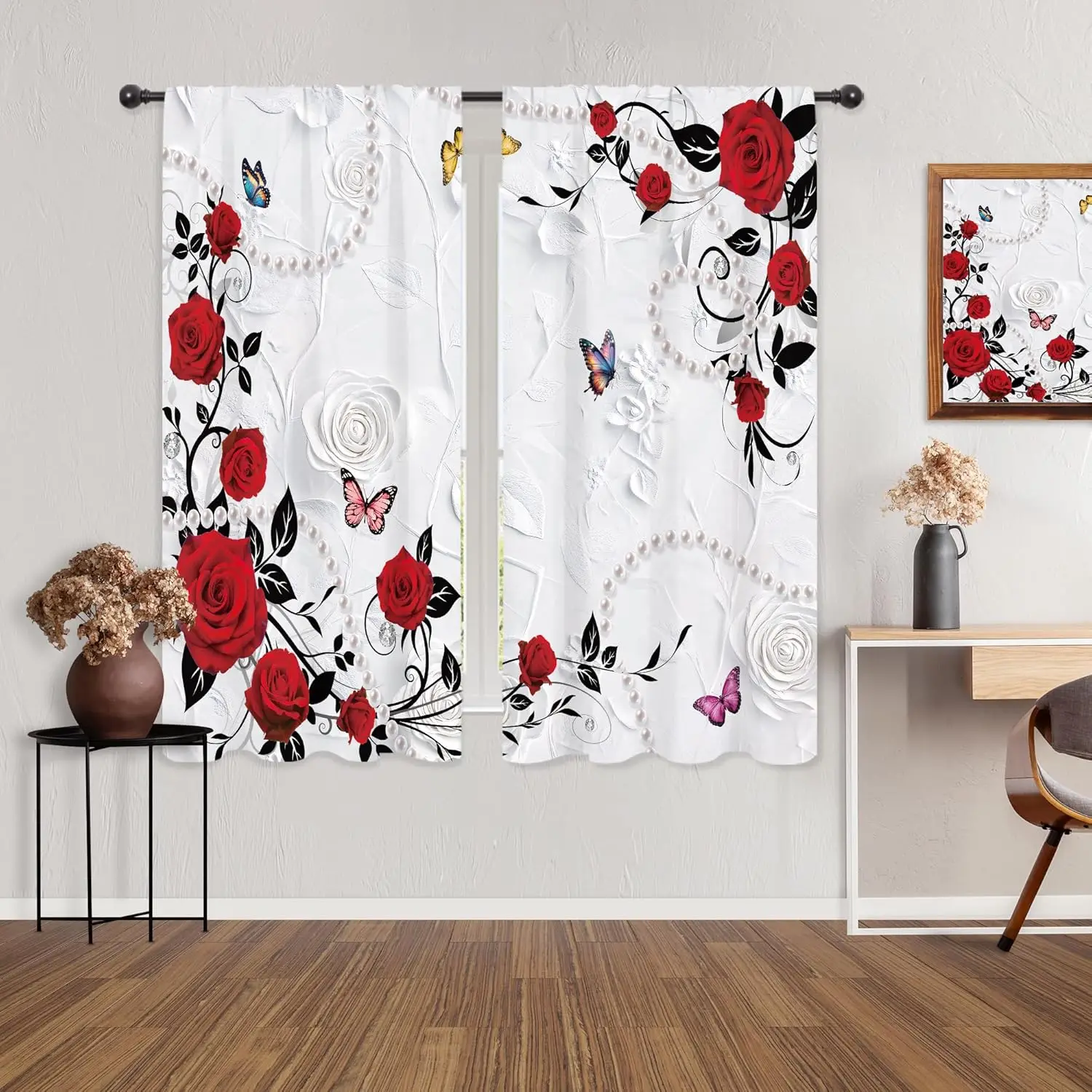 Riyidecor Red Rose Curtains Floral Flower Elegant Romantic Vintage Plant Butterfly Retro Pretty Girls Women Pearl Rod Pocket