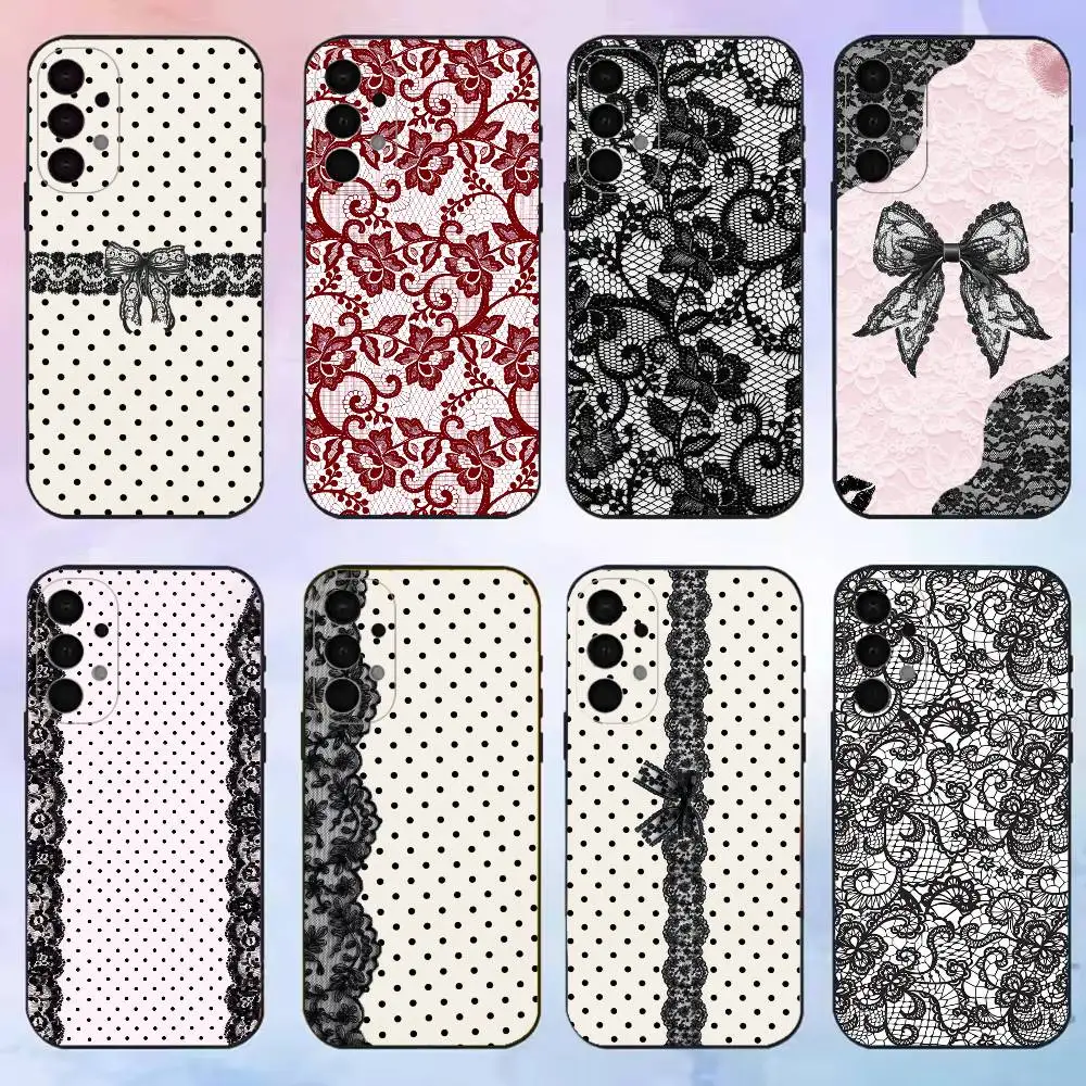 Black Lace Trim phone Case For Samsung S25,24,21,22,23,30,Ultra,20,Plus,Fe,Lite,Note Transparent Cover