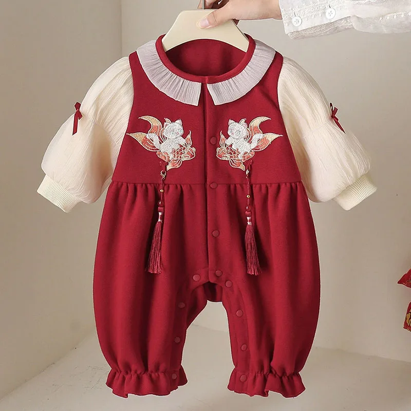 春秋幼児女の子服中国風漫画刺繍メッシュ弓長袖ロンパースベビー服新生児アイテム-b397