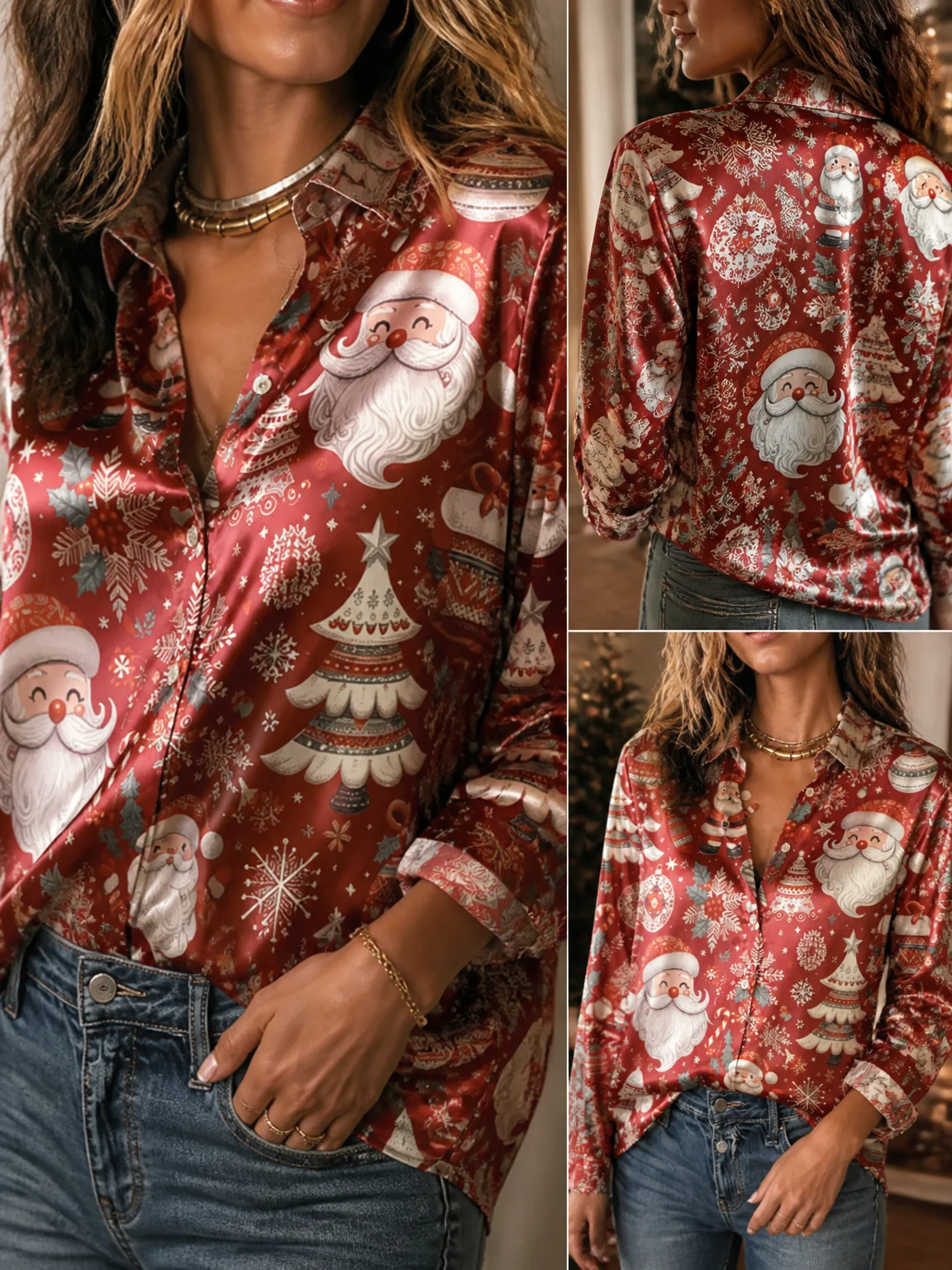 Chic Long Sleeve Satin Collared Blouse, Women Christmas Element Loose Fit Top for Daily Street Gathering