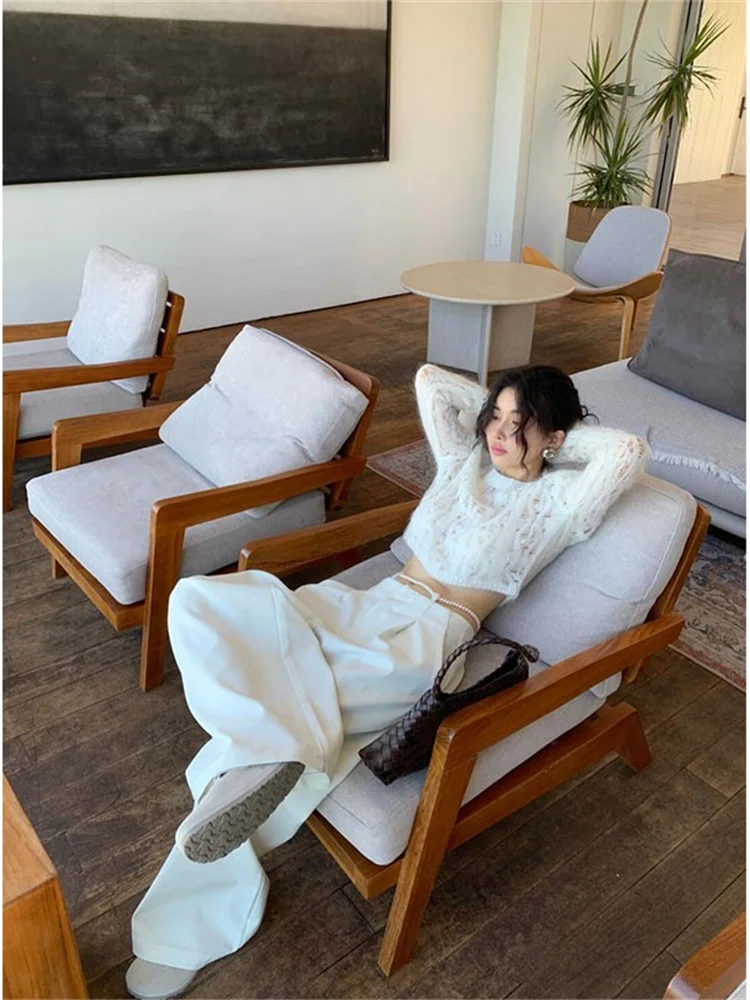 

American Sle Hollow out Knitted Sweater Set Women's Long Sve round Ne Casual Faion Autumn Collection Two-Piece Set