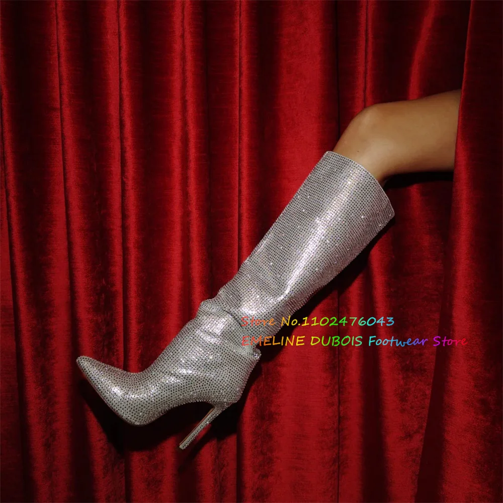 

Серебристые сапоги-ботфорты с камнями, женские, сексуальные, с острым носком, на шпильке, с боковой молнией, блестящие, элегантные, для банкета и свадьбы