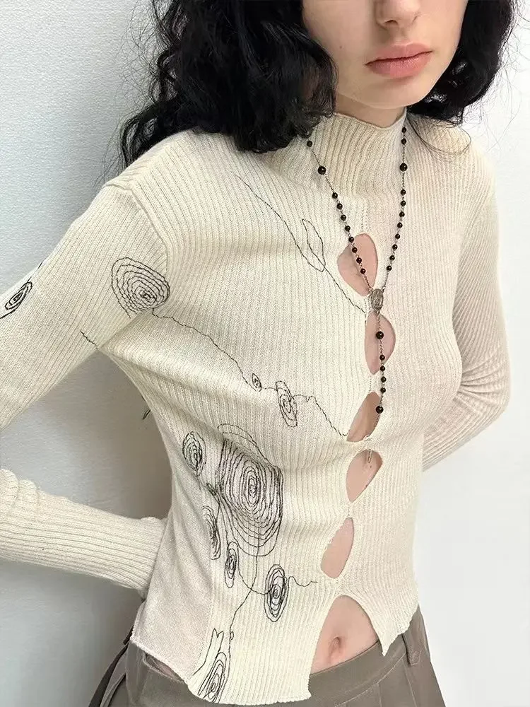 Half high neck hollowed out printed long sleeved knitted sweater for women in spring and autumn, designed  spicy girl  top