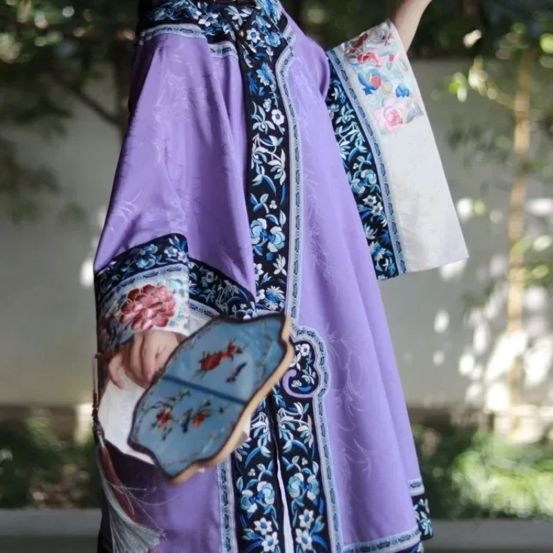 

Traditional Chinese Clothing Women Purple Floral Print with Large Sleeves Apricot Horse Faced Dress Vestidos De Verano Mujer
