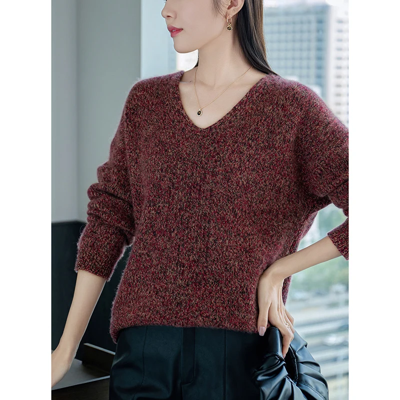 100% Wool Women's Sweater Winter Thickening V-neck Polychrome Warm Loose Large Size Heat Pullover 2024 Female