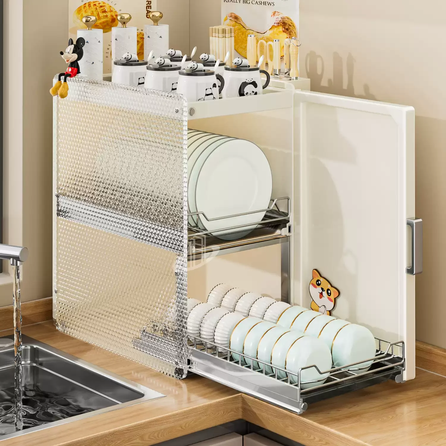 رف تخزين مقاوم للغبار من الفولاذ المقاوم للصدأ، مصفاة أطباق الخزانة، منظم أدوات المائدة متعدد الوظائف، خزانة أطباق مقاومة للزيت #2